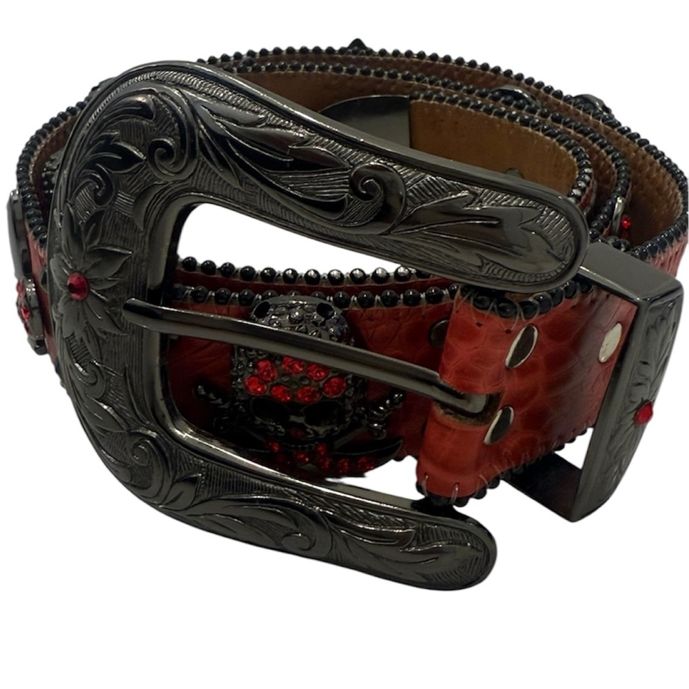 Laguna Beach Leather Belt w/ B.B. Simon Buckle – Red Skull Crystal – Size 36 Men